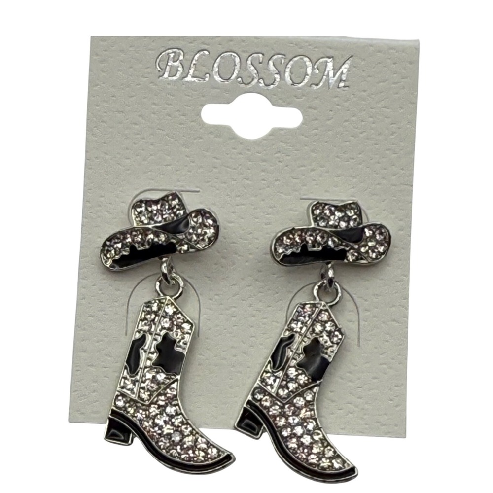 Rhinestone Cowboy Hat Boot Dangle Earrings Western‎ Style